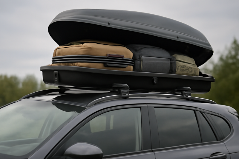 coffre de toit chargeant bagages sur voiture