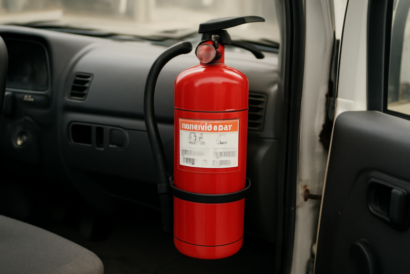 extincteur fixé dans cabine de vehicule utilitaire