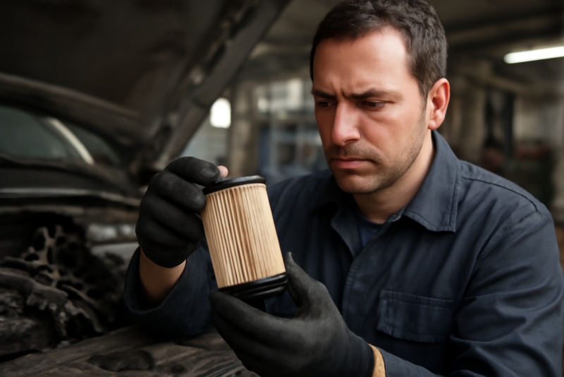 mécanicien manipulant une pièce de filtration