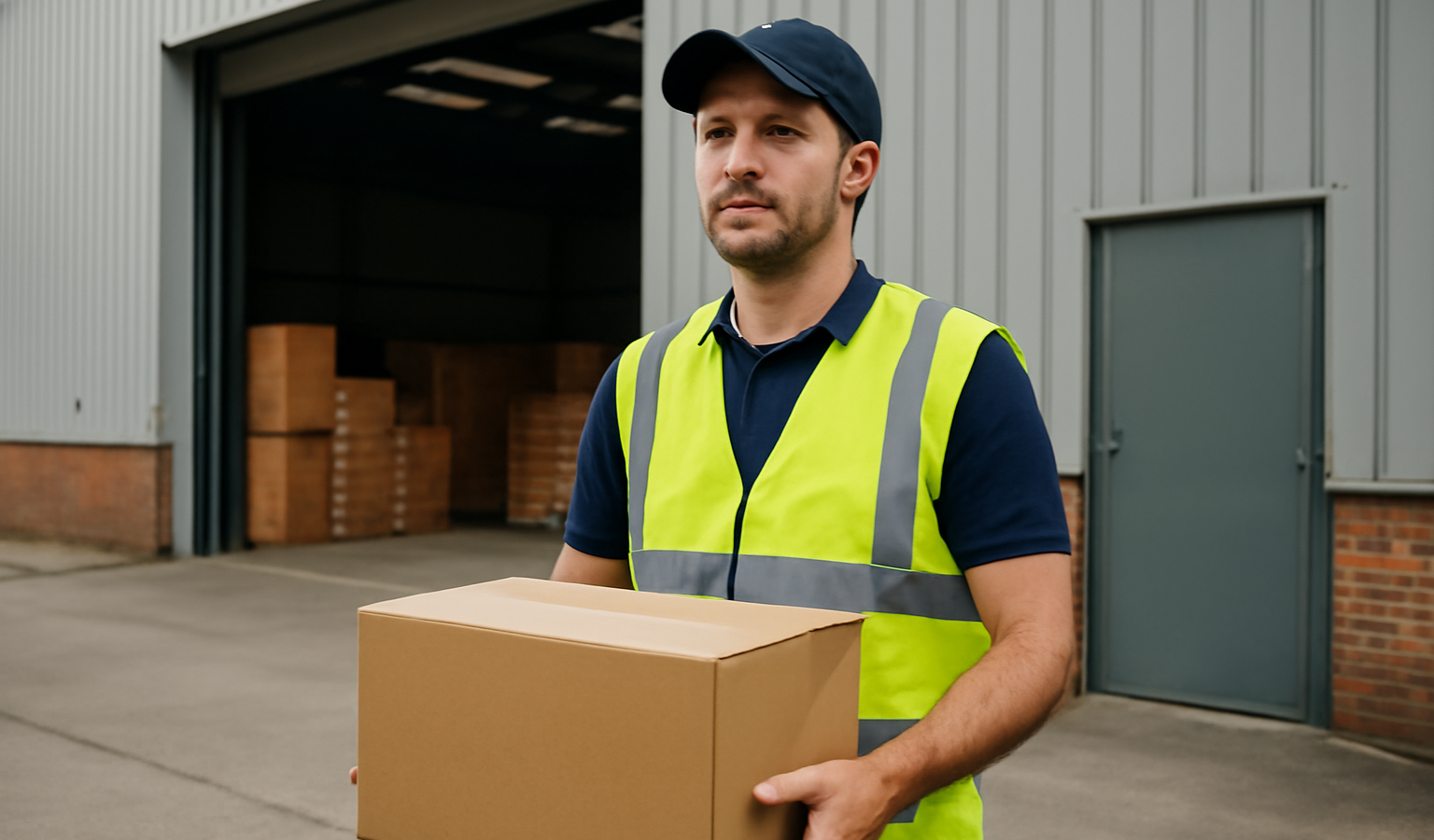 livreur portant gilet fluide près d'un entrepôt