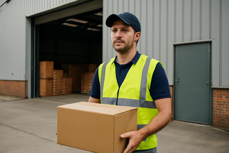 livreur portant gilet fluide près d'un entrepôt