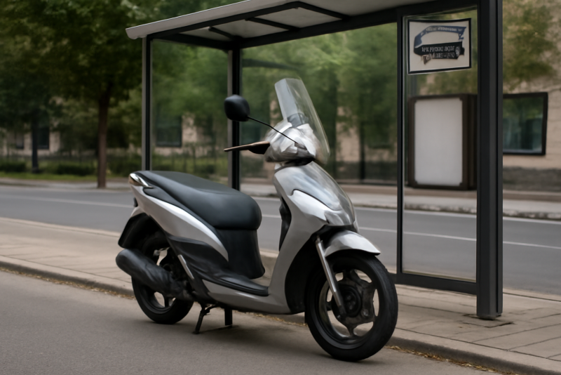 scooter stationné près d'un arrêt de bus