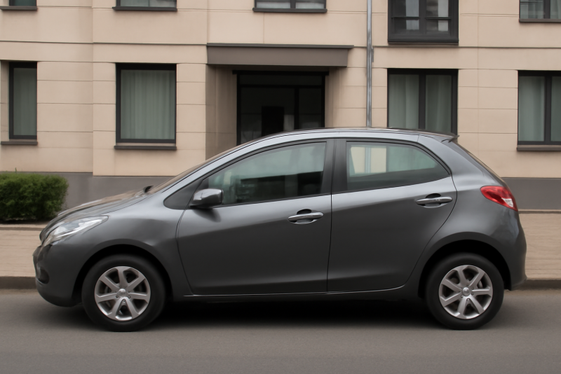 voiture compacte garée devant immeuble