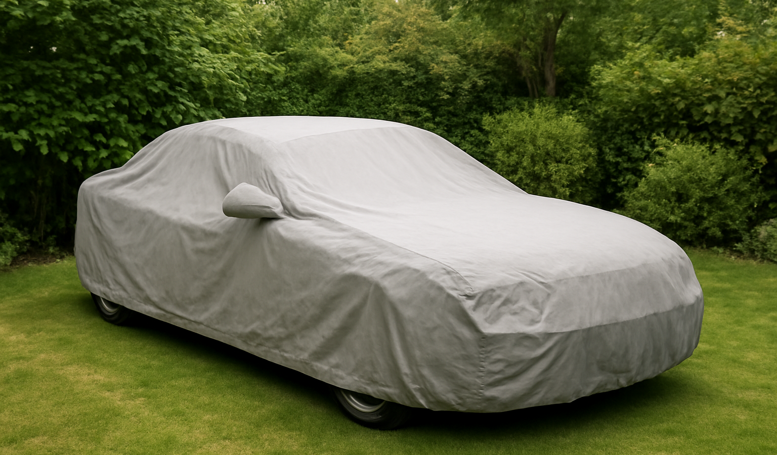 voiture couverte par housse dans jardin