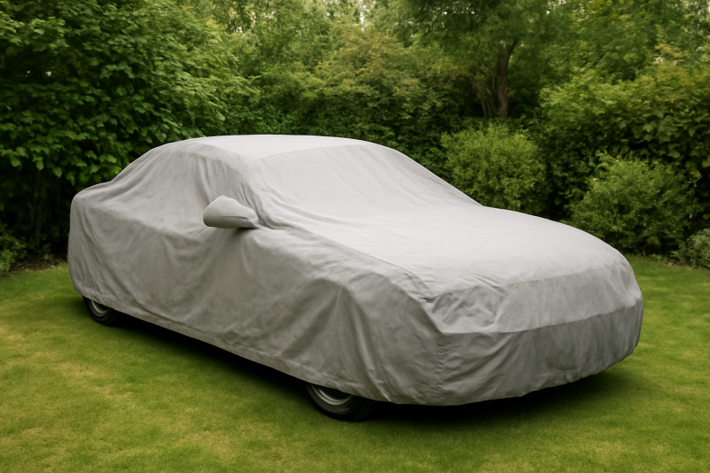 voiture couverte par housse dans jardin