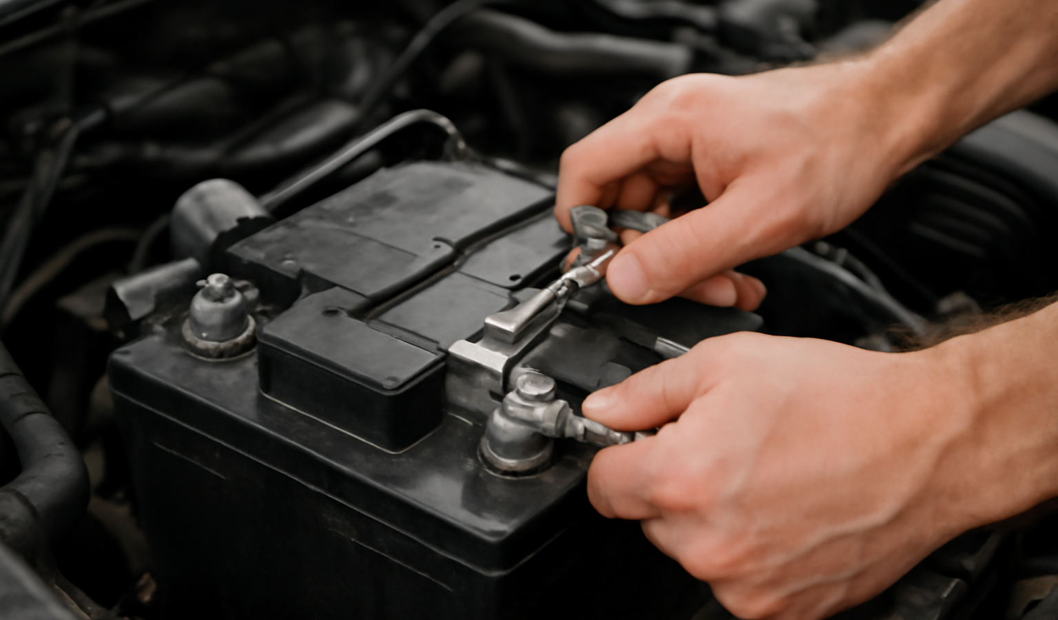 mains retirant batterie automobile avec outils