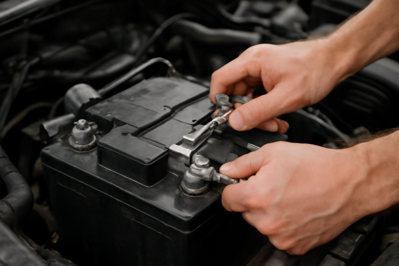 mains retirant batterie automobile avec outils