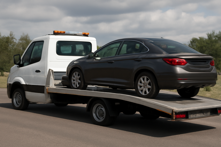 camion plateau chargeant une voiture sur remorque