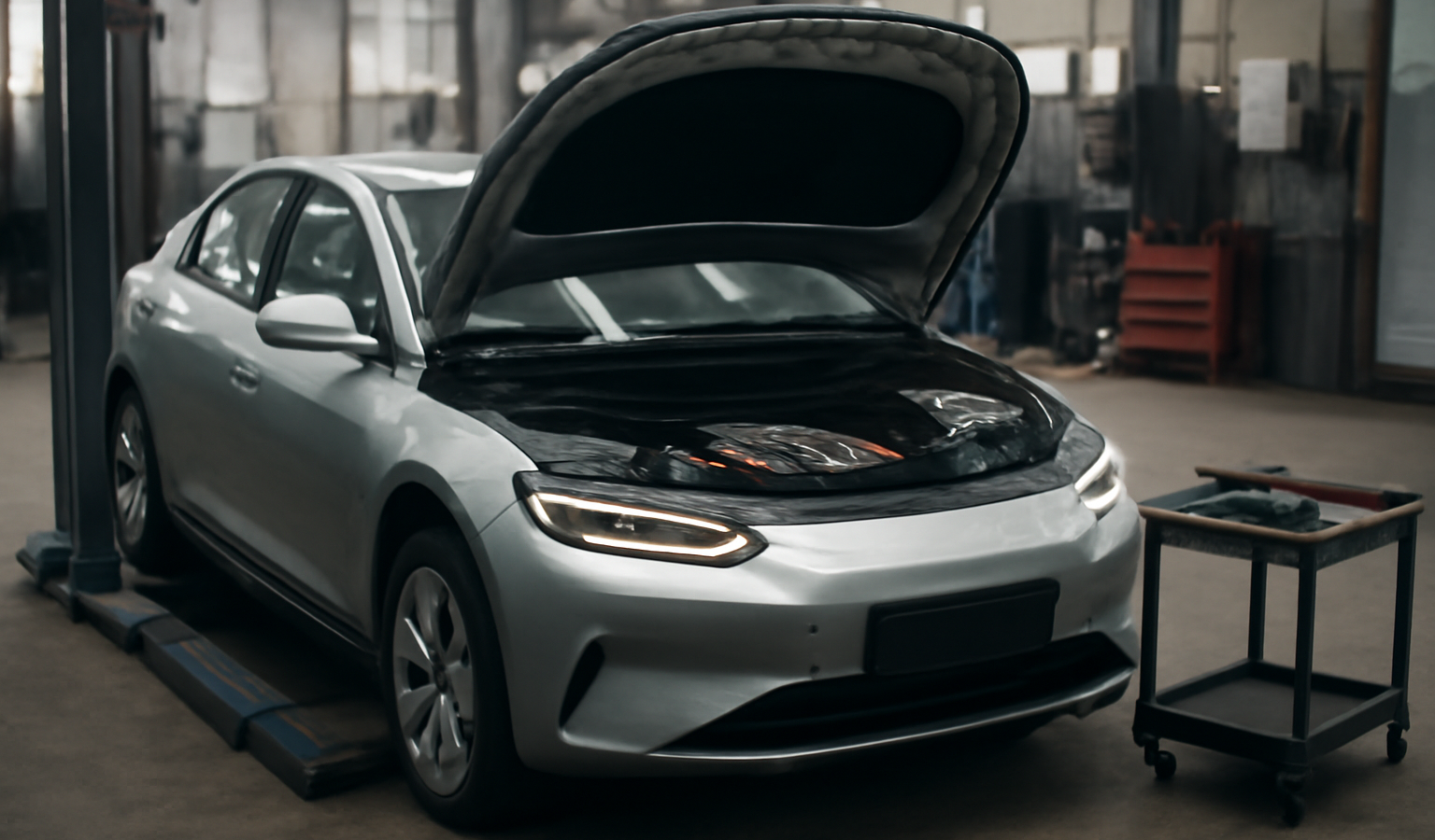 voiture electrique en entretien dans atelier