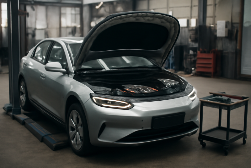voiture electrique en entretien dans atelier