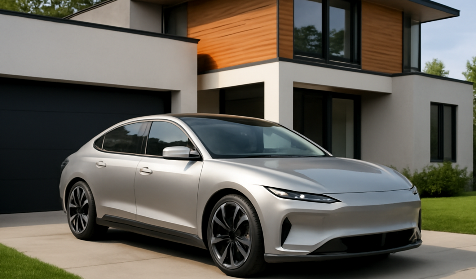 voiture électrique garée devant maison moderne