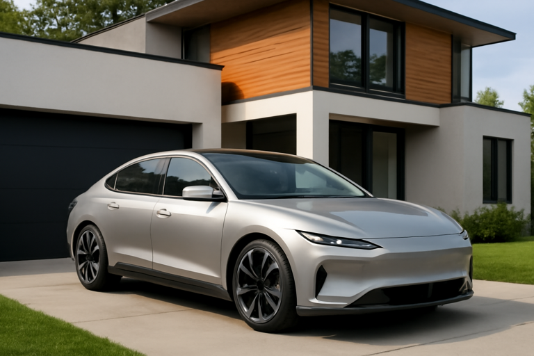 voiture électrique garée devant maison moderne