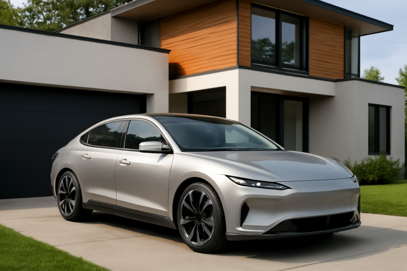 voiture électrique garée devant maison moderne