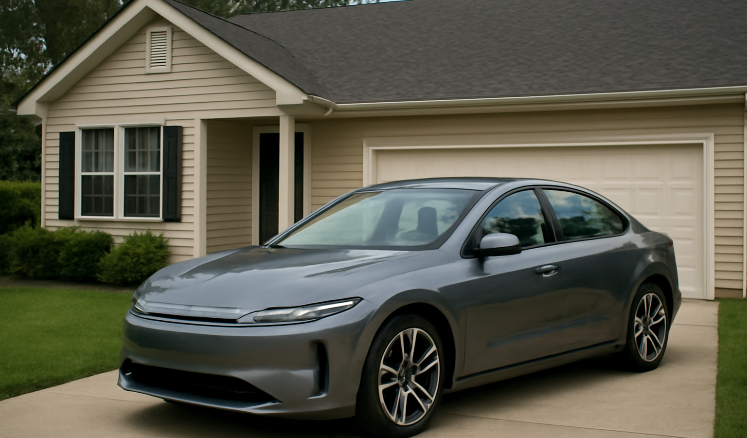 voiture electrique garée devant maison familiale