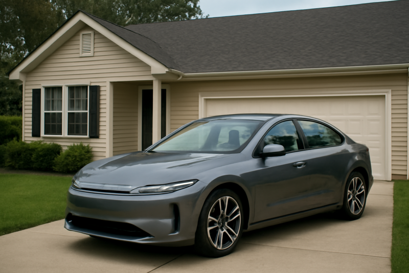voiture electrique garée devant maison familiale