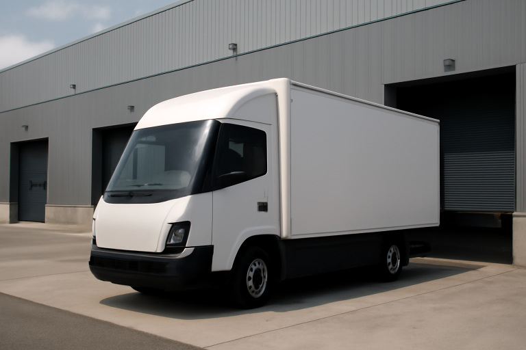 camion électrique garé devant depot logistique