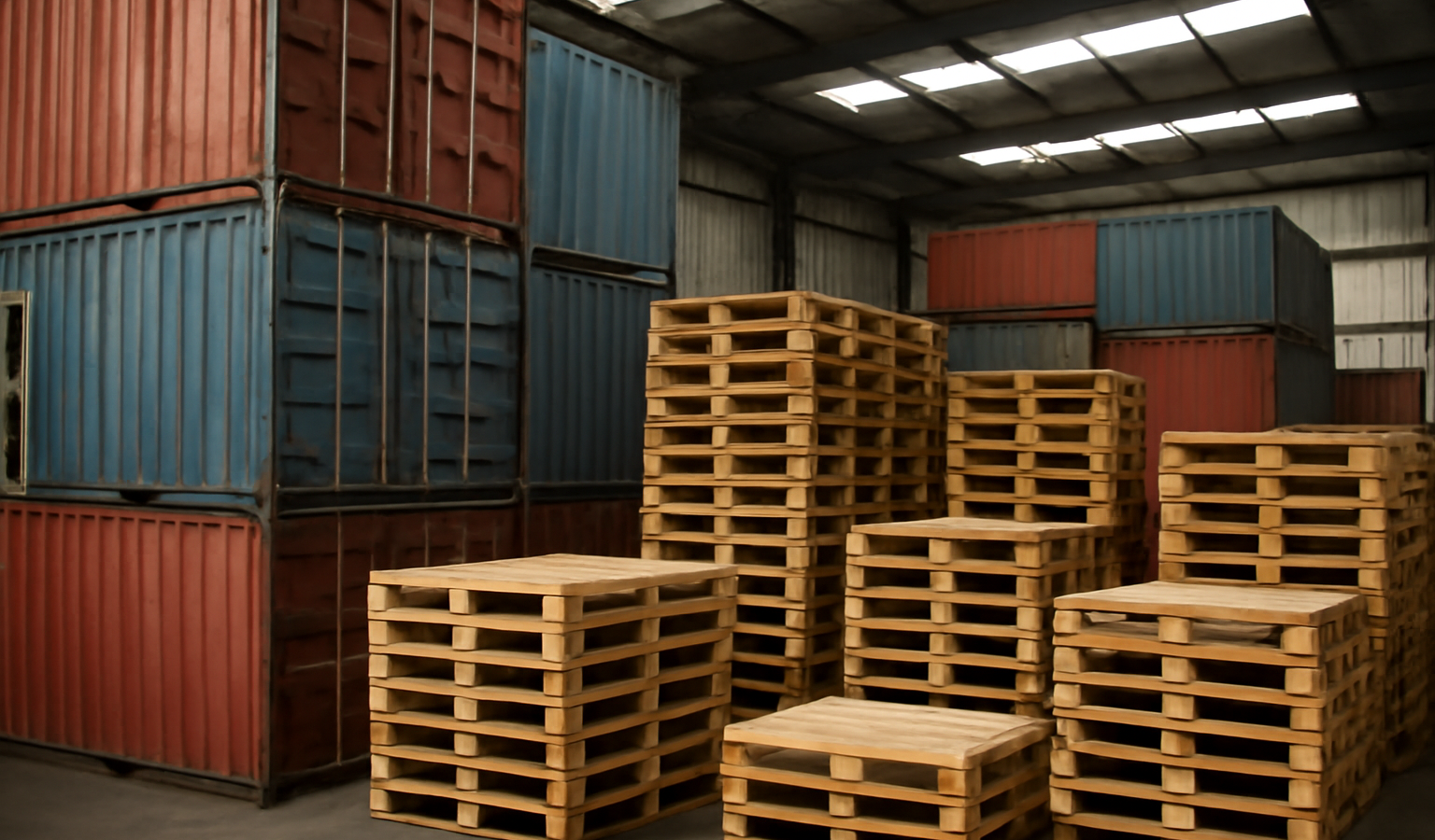 palettes et conteneurs dans entrepot logistique
