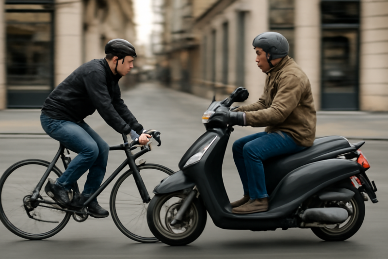 cycliste et scooteur cote a cote en ville