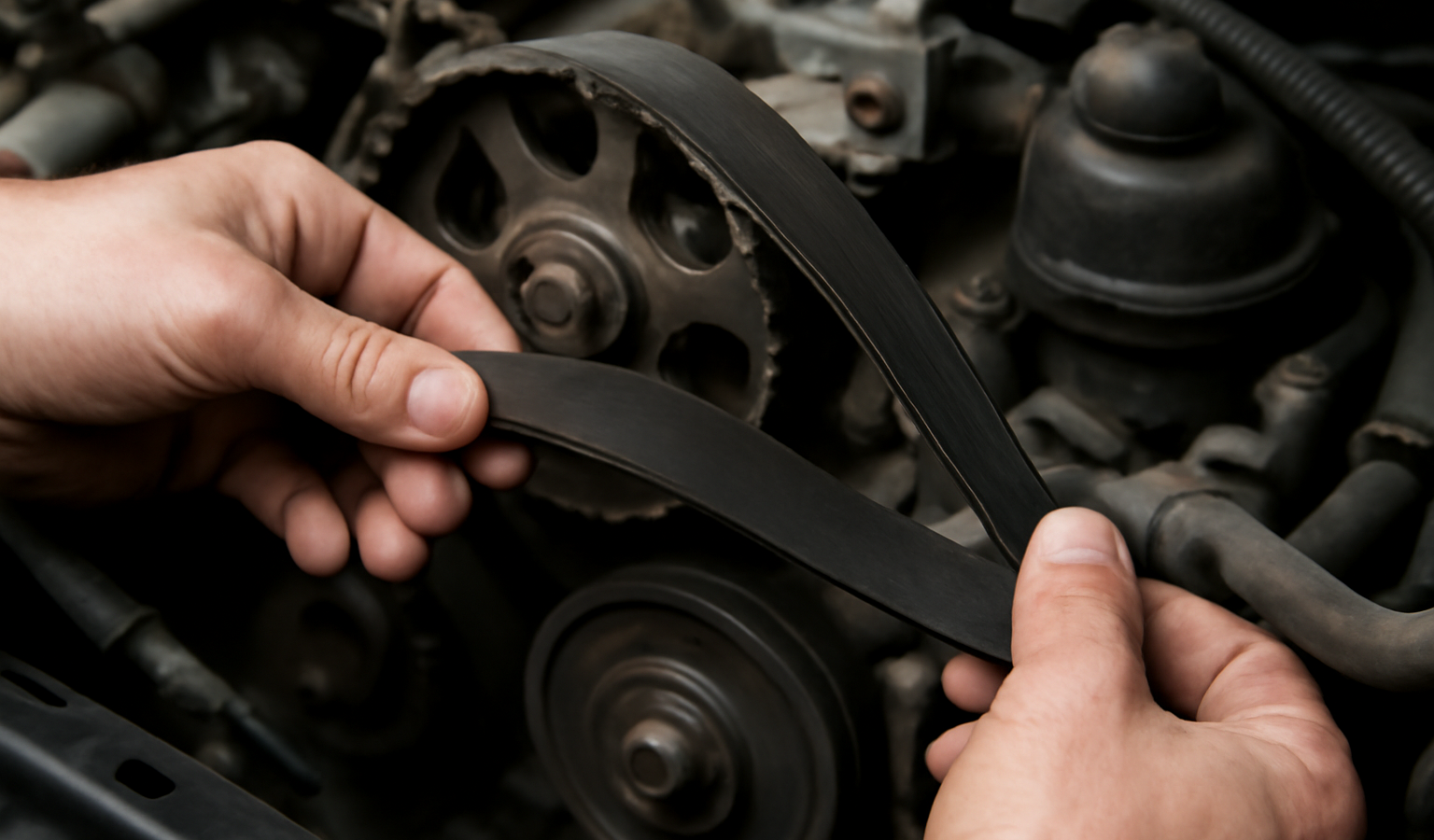 mains examinant courroie et composants moteur