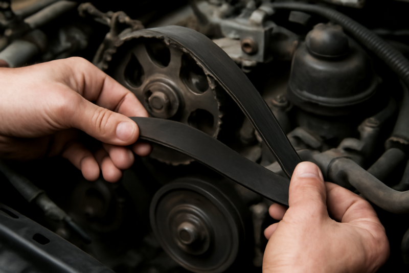 mains examinant courroie et composants moteur