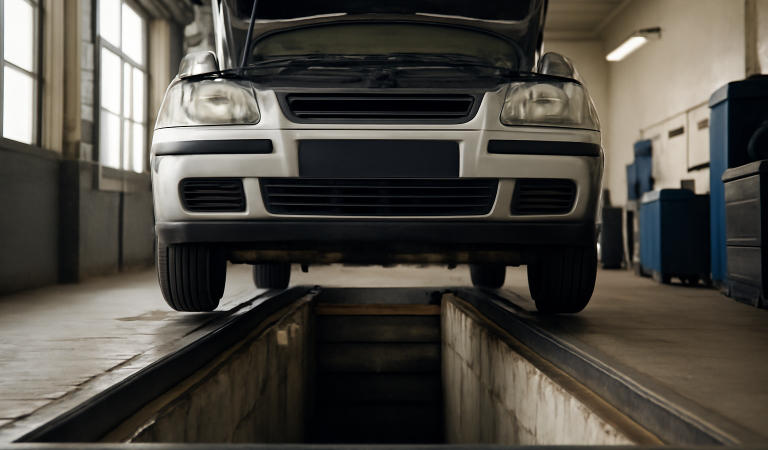 voiture sur fosse pendant inspection technique