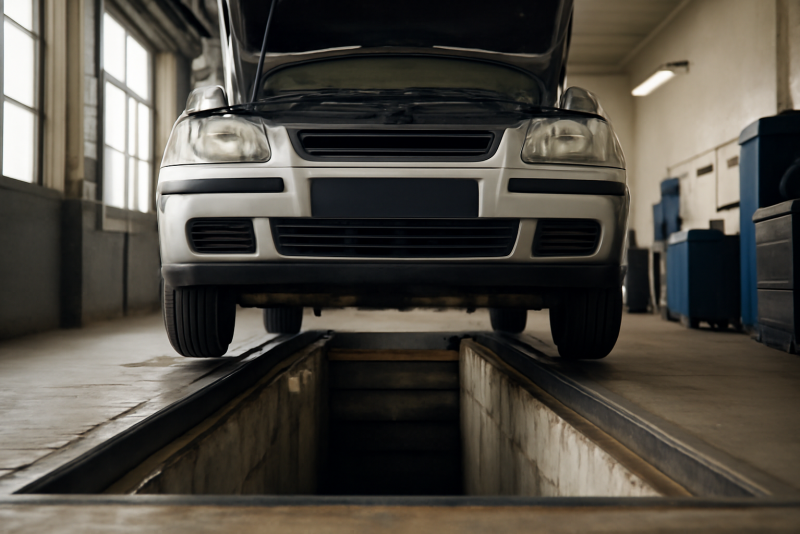 voiture sur fosse pendant inspection technique