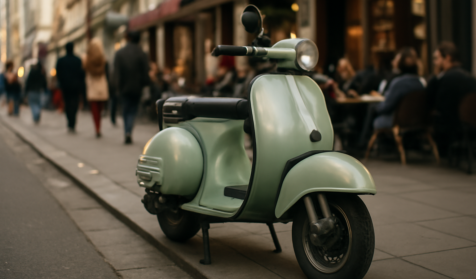 scooter rétro garé sur trottoir animé
