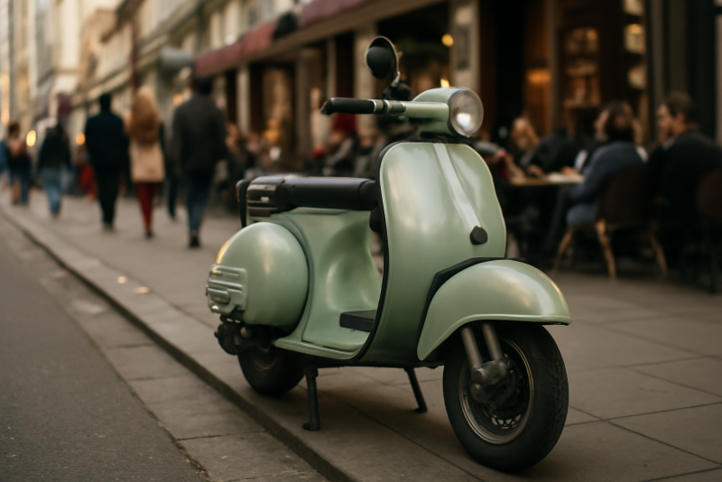 scooter rétro garé sur trottoir animé