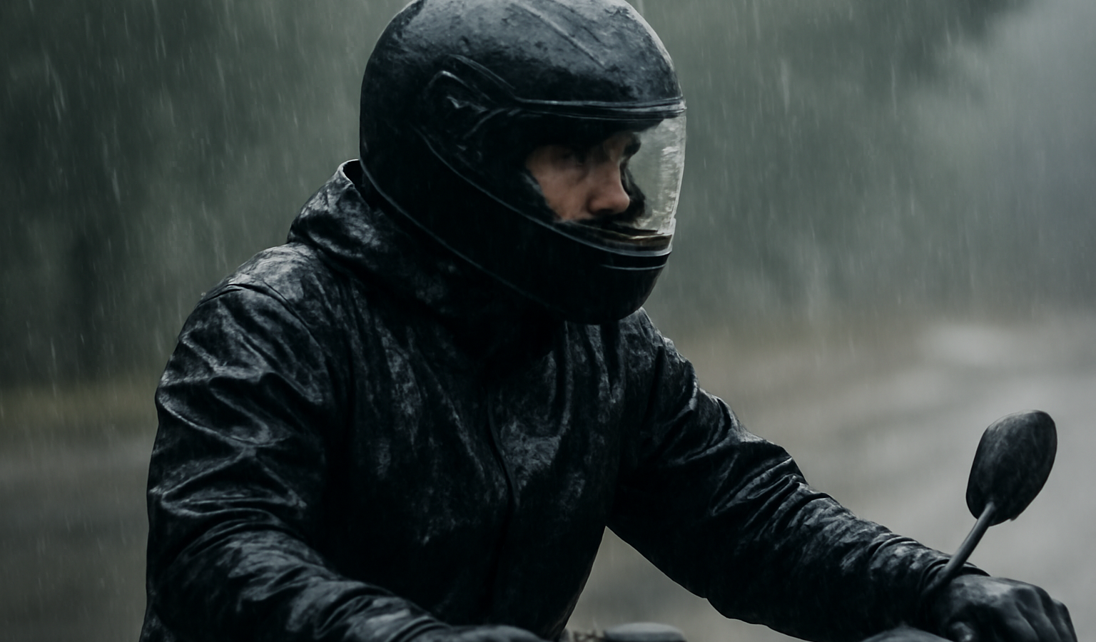 motard en veste imperméable sous pluie légère