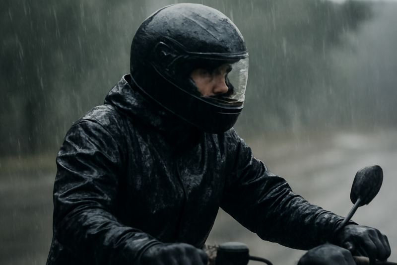 motard en veste imperméable sous pluie légère