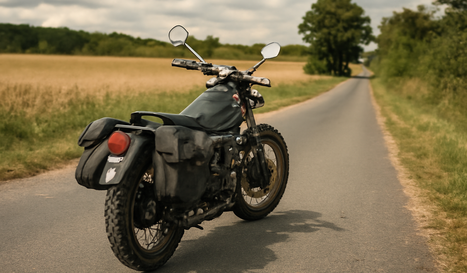moto équipée de sacoches sur route de campagne