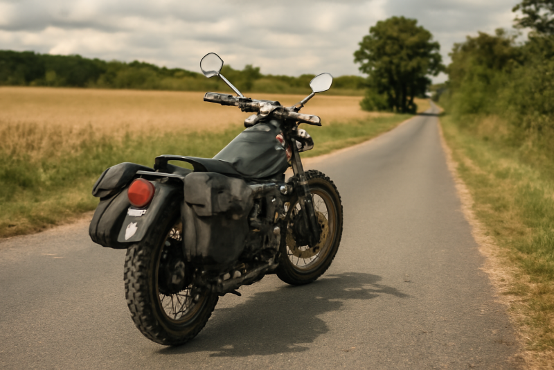 moto équipée de sacoches sur route de campagne