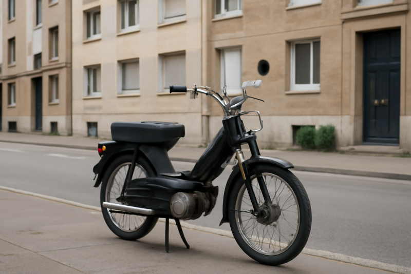 cyclomoteur en ville devant immeuble