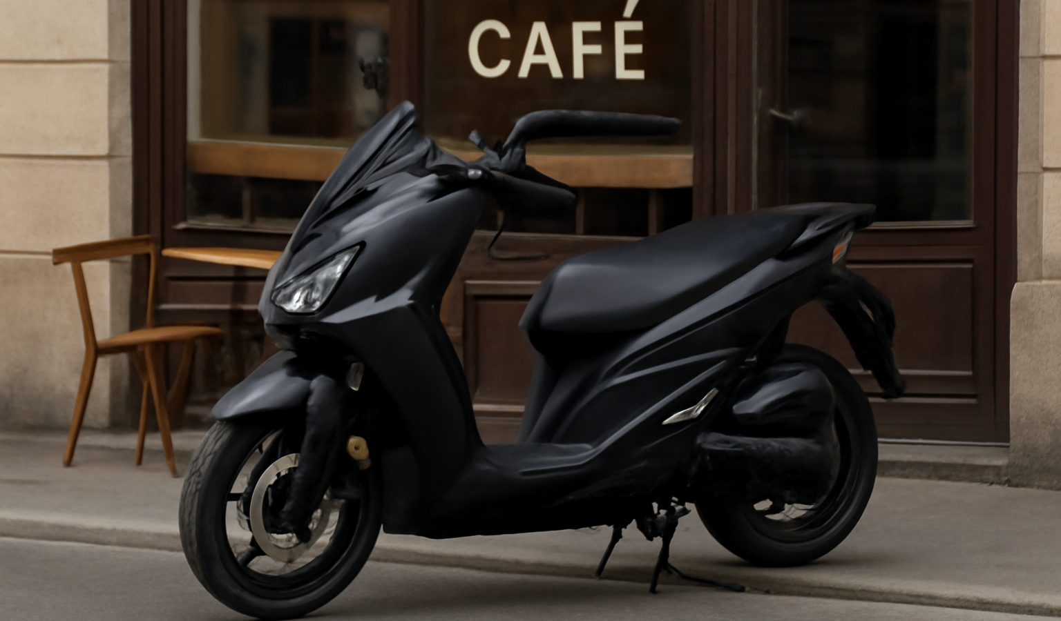 scooter sportif garé devant café