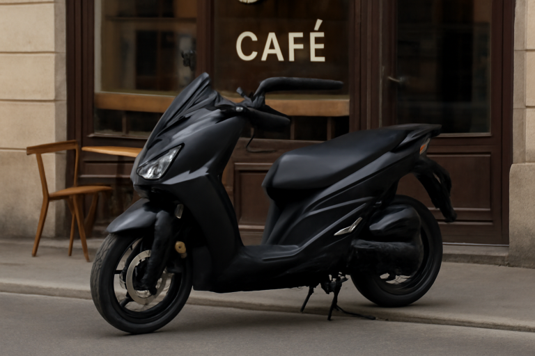 scooter sportif garé devant café