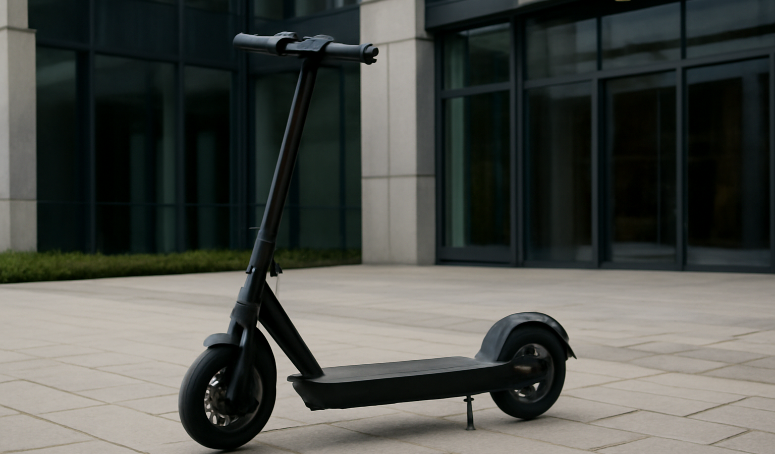 scooter électrique garé devant immeuble moderne