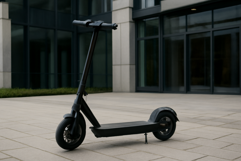 scooter électrique garé devant immeuble moderne